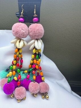 6.75” Colorful Handmade Boho Pom Pom & Bead Tassel Earrings with Shell Accents
